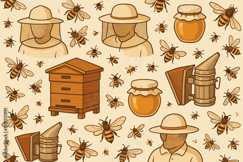 Honey bees, beekeepers, and hives create a vibrant pattern full of life and nature in a cozy, warm setting