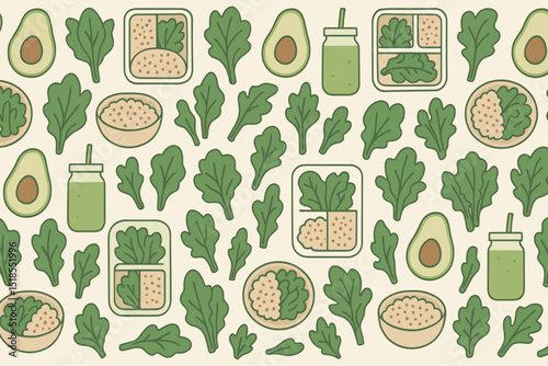 Colorful green pattern featuring healthy ingredients like avocado, leafy greens, and nutritious bowls on a light background