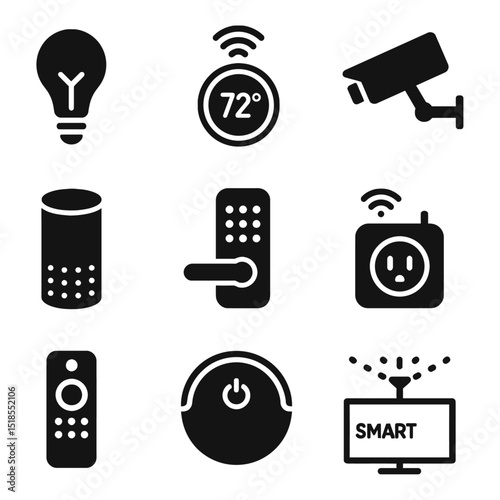 Smart Home Technology Icon Set – Minimal Black Silhouettes of IoT Devices for UI/UX Design