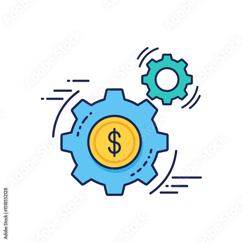 Financial Process Icon: Interacting Blue and Green Gears with Dollar Coin and Motion Lines