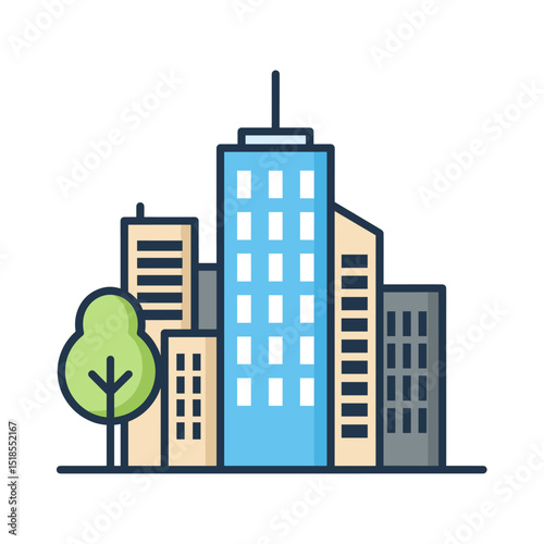 Colorful Cityscape Icon with Buildings and Tree - Urban Scene Illustration