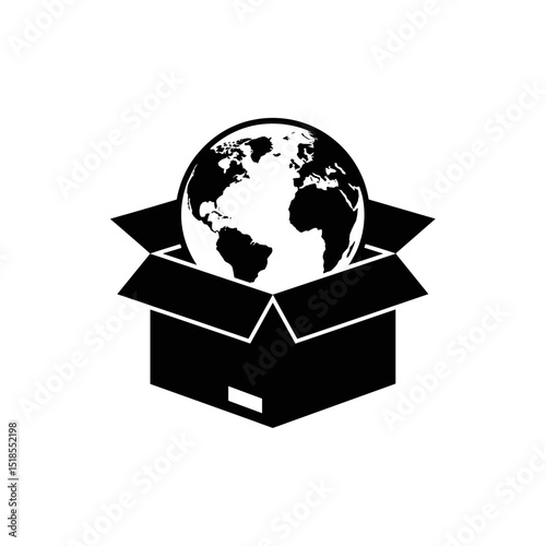 Global Shipping or International Delivery Icon - Earth Globe in Open Box Silhouette
