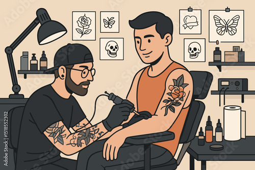 Tattoo artist in studio works on detailed floral design for client sitting comfortably in chair