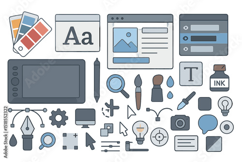 Creative design tools and elements arranged on a flat surface for digital art and graphic design projects
