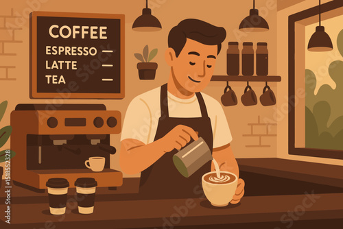 Barista prepares latte art in cozy coffee shop with warm ambiance and inviting decor