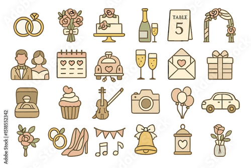 Wedding themed icons showcasing love, celebration, and joy for special occasions