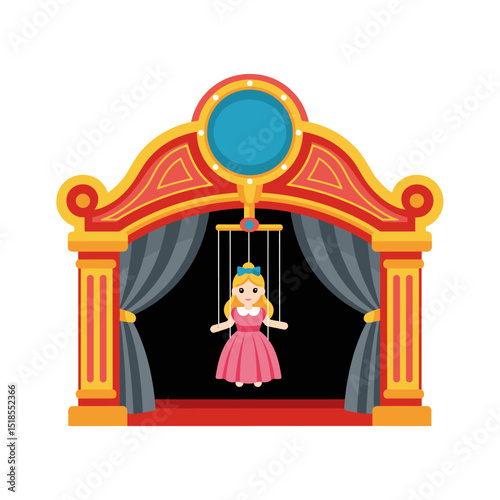 Colorful Puppet Theater Stage Clipart with Red and Yellow Frame, Grey Curtains, and a Blonde Female Marionette