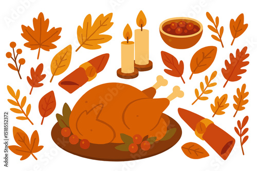 Autumn celebration with roasted turkey, candles, and colorful leaves arranged on a rustic table