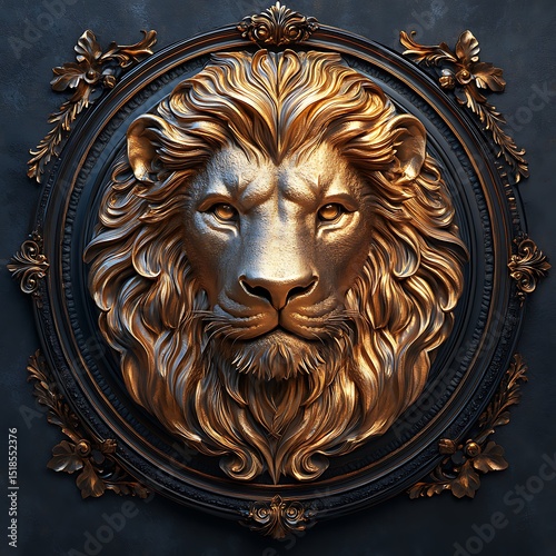 Intricately detailed gold lion head with decorative frame photo against a dark background