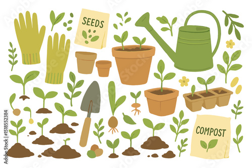 Gardening tools and supplies with plants, seeds, and compost for spring planting