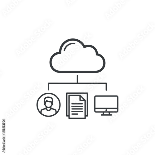 Cloud Computing Network Icon - Cloud Linked to User, Document, and Computer (Line Art)