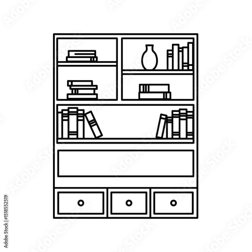 Outline Drawing of a Bookshelf Unit with Multiple Compartments, Books, a Vase, and Three Drawers, for Coloring