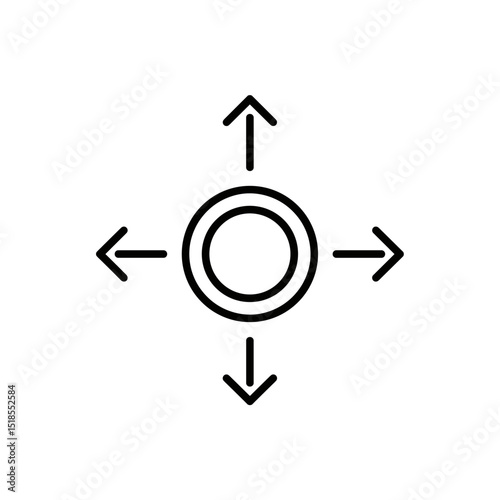 Diffusion or Spread Icon - Central Double Circle with Four Outward Arrows (Outline)