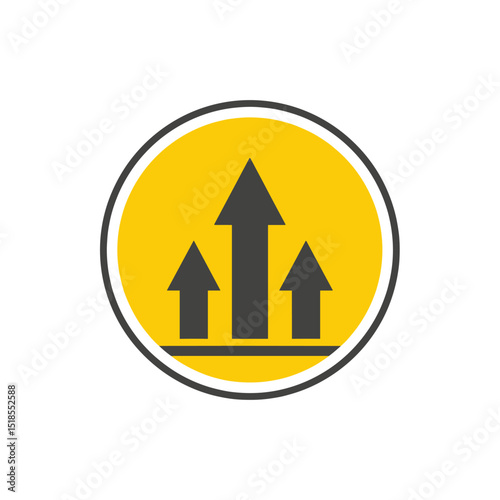 Yellow Circular Road Sign Icon with Three Black Upward Pointing Arrows Indicating Straight Ahead or Growth