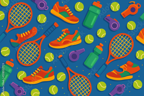 Colorful tennis equipment pattern featuring racquets, balls, shoes, and water bottles on a vibrant blue background
