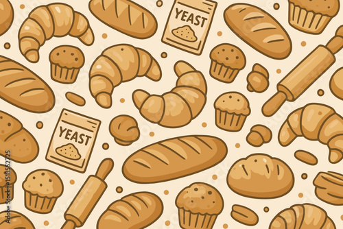 Various baked goods and baking tools displayed on a textured surface in a cozy kitchen setting