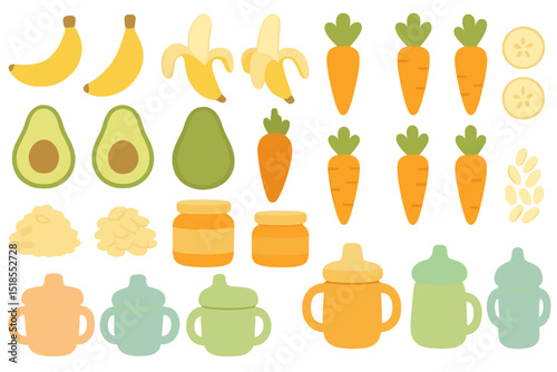 Colorful assortment of fruits and vegetables arranged on a white background showcasing healthy food options for children