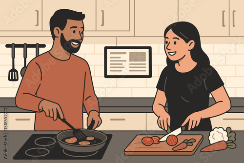Cooking together in a cozy kitchen, preparing a meal with vegetables and smiles on a sunny afternoon