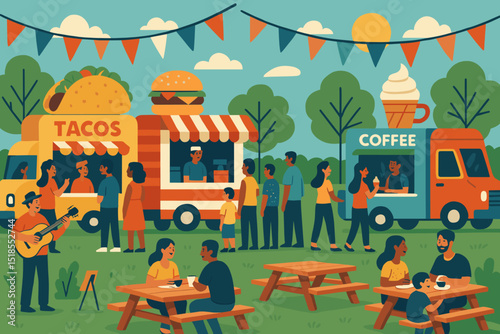 Vibrant outdoor food festival featuring tacos, burgers, and coffee on a sunny day in a park