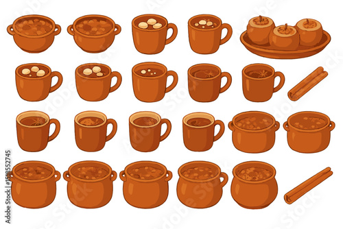 Warm beverages and hearty meals displayed in decorative mugs and pots for a cozy autumn gathering