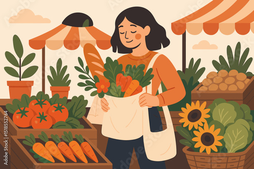 Woman shopping for fresh produce at a vibrant farmer's market on a sunny day