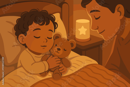 Child peacefully sleeping with teddy bear while parent watches lovingly at bedtime in cozy room