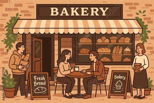 People enjoying coffee and pastries at a charming bakery during a sunny afternoon in a vibrant neighborhood