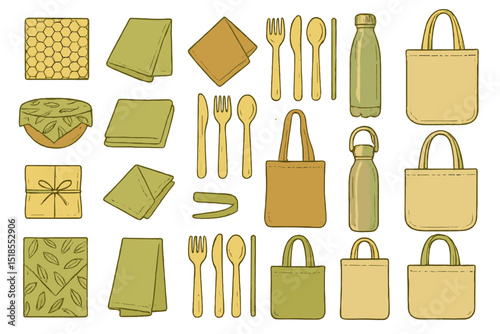 Cute eco-friendly kitchen and dining illustrations with natural colors for sustainable living ideas and products