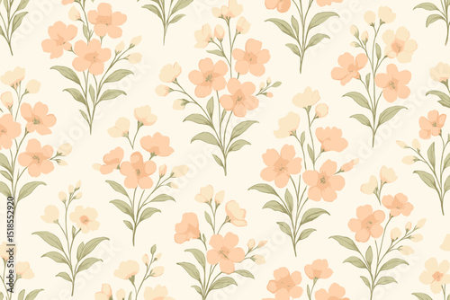 Floral pattern featuring soft peach blossoms and green leaves on a cream background ideal for textile design