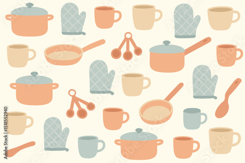 Kitchen utensils and cookware in a pastel color palette arranged in an artistic pattern
