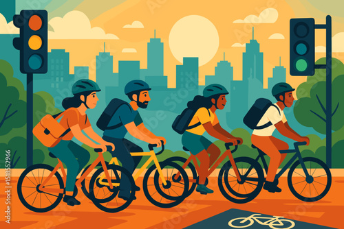 Bicyclists waiting at a traffic signal in a vibrant urban setting during sunset