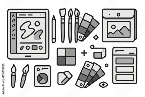 Digital art tools and design elements showcase creativity in modern illustration and graphic design