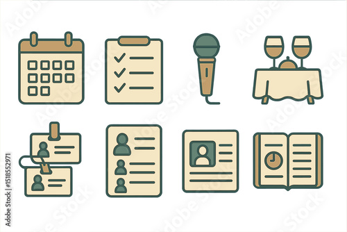 Collection of event planning icons illustrating tools and elements for successful organization and coordination of activities