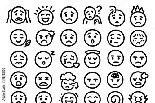 Expressions of human emotions illustrated through various simple faces in a creative arrangement