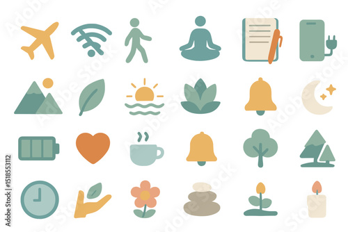 Diverse icons representing travel, relaxation, nature, and productivity for contemporary lifestyles and wellness activities