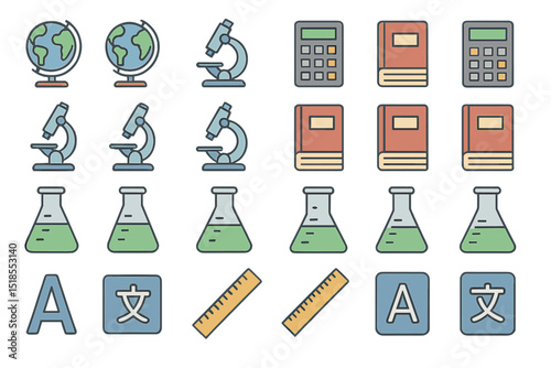 Educational elements representing science, mathematics, and language studies in a colorful design