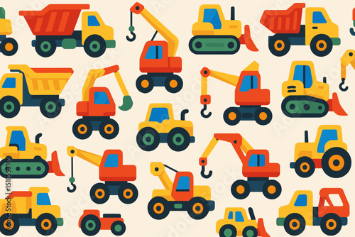 Colorful construction vehicles pattern featuring various types of trucks and machinery on a light background