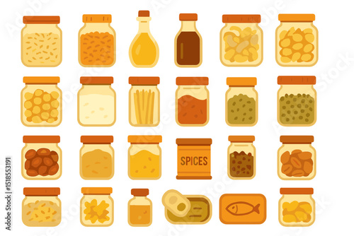 Collection of jarred food items displaying various spices, grains, and condiments arranged in an organized manner on a plain background