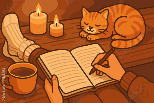 Cozy evening with a warm cup of coffee, a cat, and journal writing by candlelight