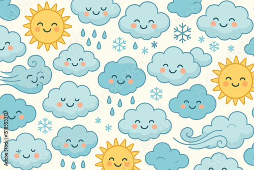 Colorful weather icons featuring sun, clouds, rain, and snow in a playful pattern suitable for children