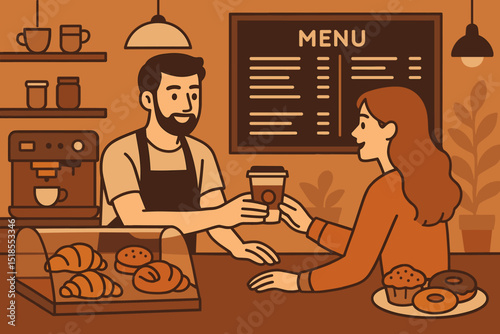 Barista serving coffee and pastries to a customer in a cozy cafe setting during morning hours