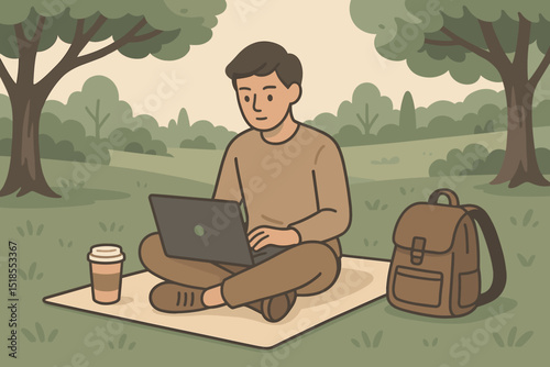 Young man working on laptop while sitting on grass in park during daytime
