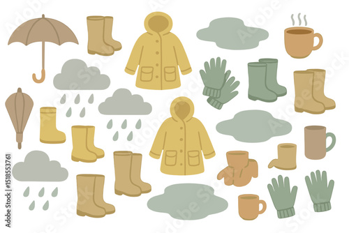 Colorful weather-themed illustrations featuring rain gear and cozy items for a playful rainy day vibe