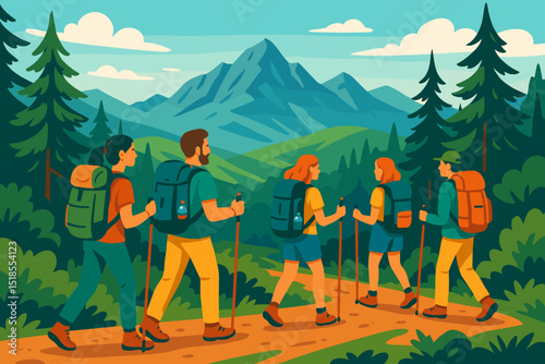 Group of hikers trekking through scenic mountain forest trail