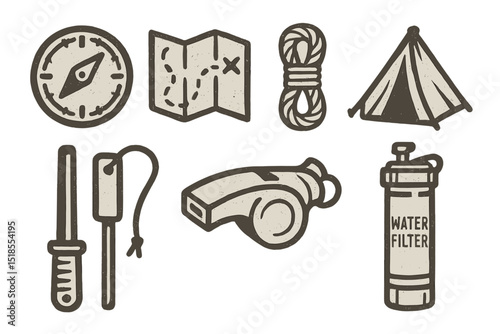 Rustic camping and survival gear icons in vintage style
