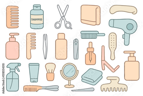 Pastel hand-drawn beauty and grooming icon set with hair tools