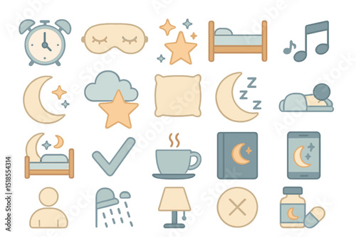 Sleep and relaxation themed icons showcasing bedtime elements and nighttime activities for better sleep hygiene