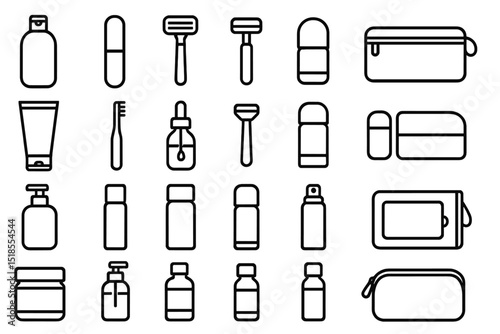 Minimalist black line icons of toiletries and grooming essentials