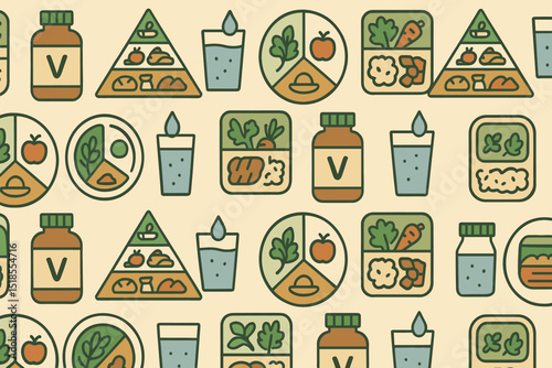 Seamless pattern of healthy eating icons including food pyramids and vitamins