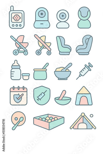 Pastel icon set of baby care and toddler essentials on gradient background